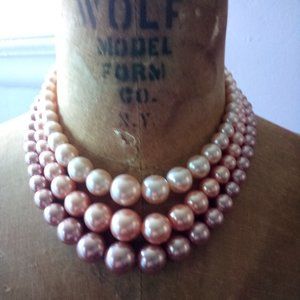 Vintage mid century faux pearl 3 strand necklace shades of pink